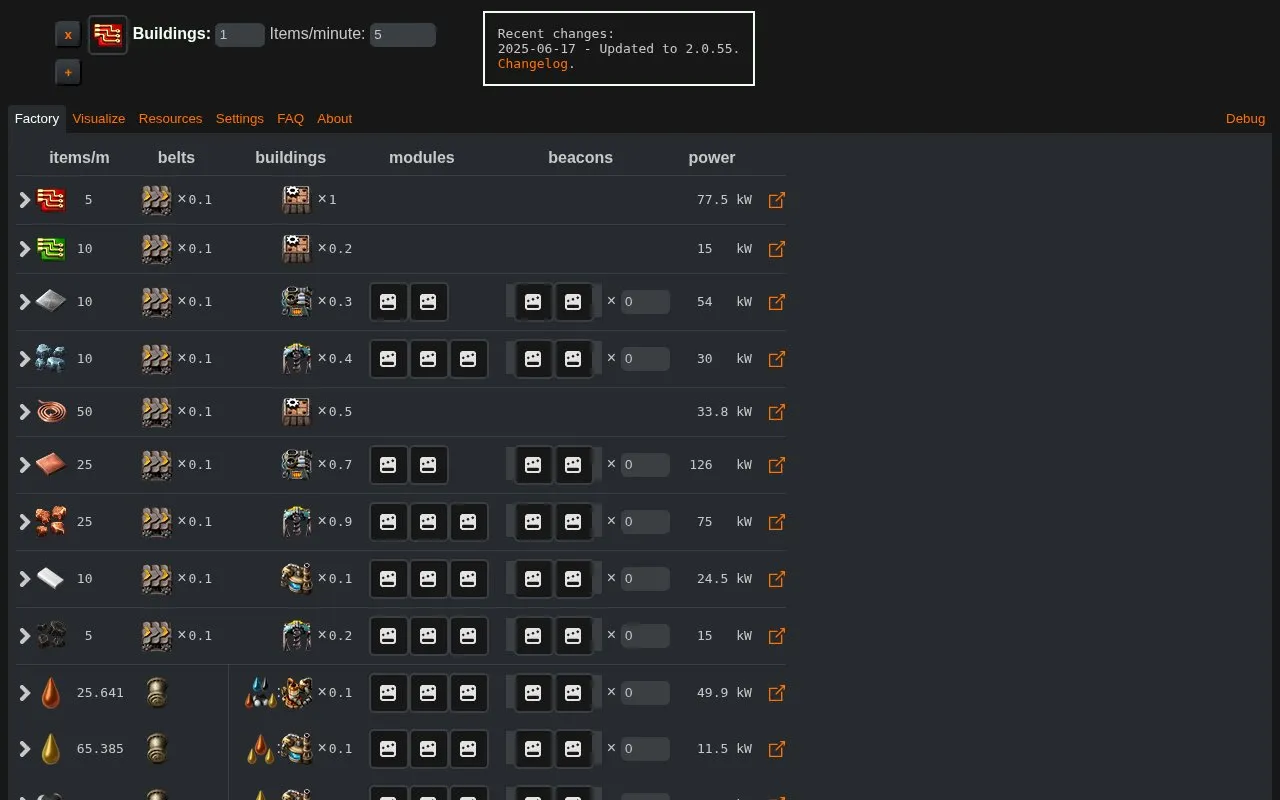 Factorio Calculator homepage screenshot