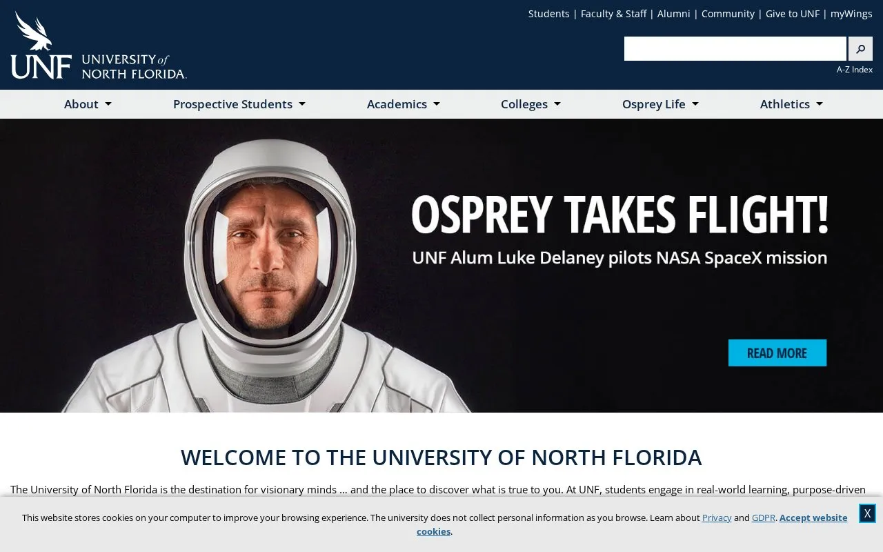 University of North Florida homepage screenshot