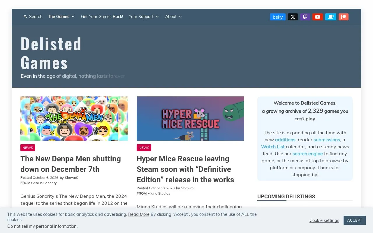 Delisted Games homepage screenshot