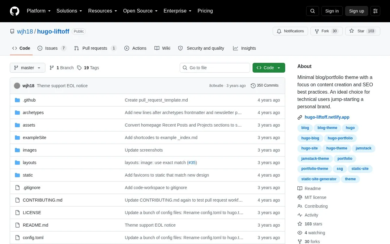 hugo-liftoff homepage screenshot
