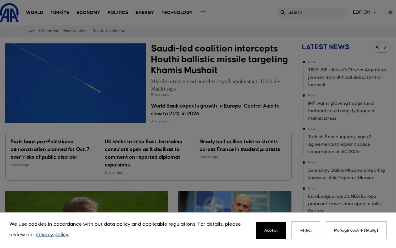 Anadolu Agency homepage screenshot