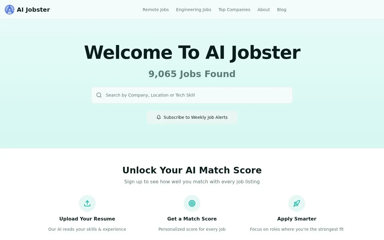 Latest Jobs and News in AI at trending startups and big companies AIJobster homepage screenshot