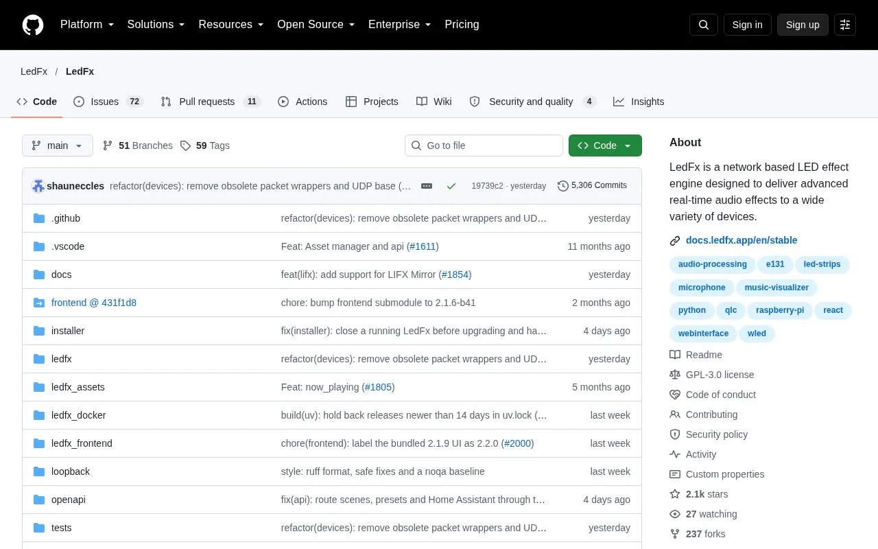 Ledfx homepage screenshot
