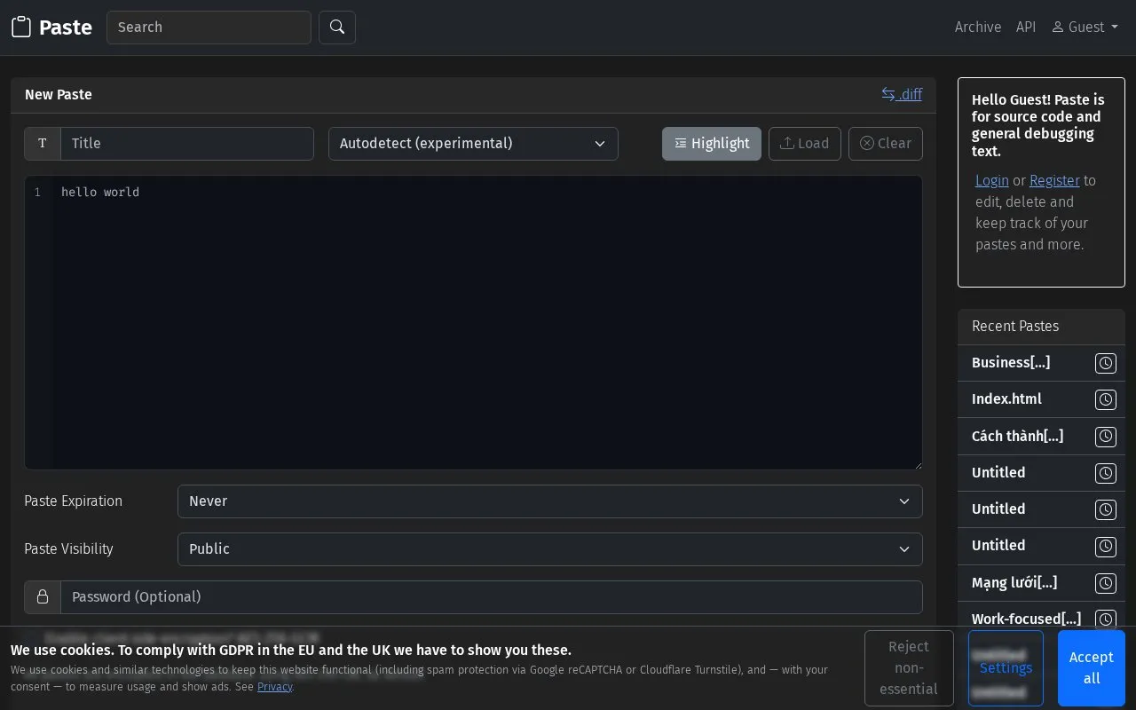Paste homepage screenshot