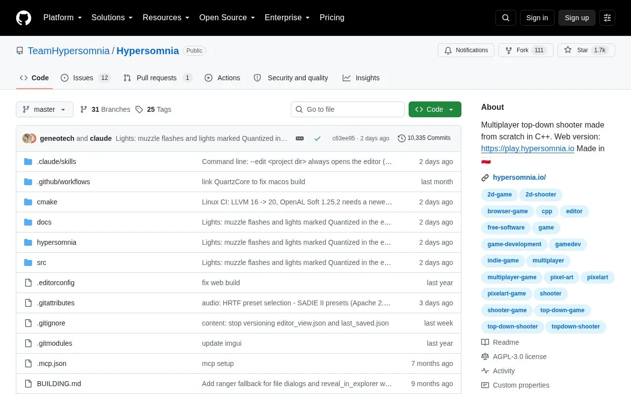 Hypersomnia homepage screenshot