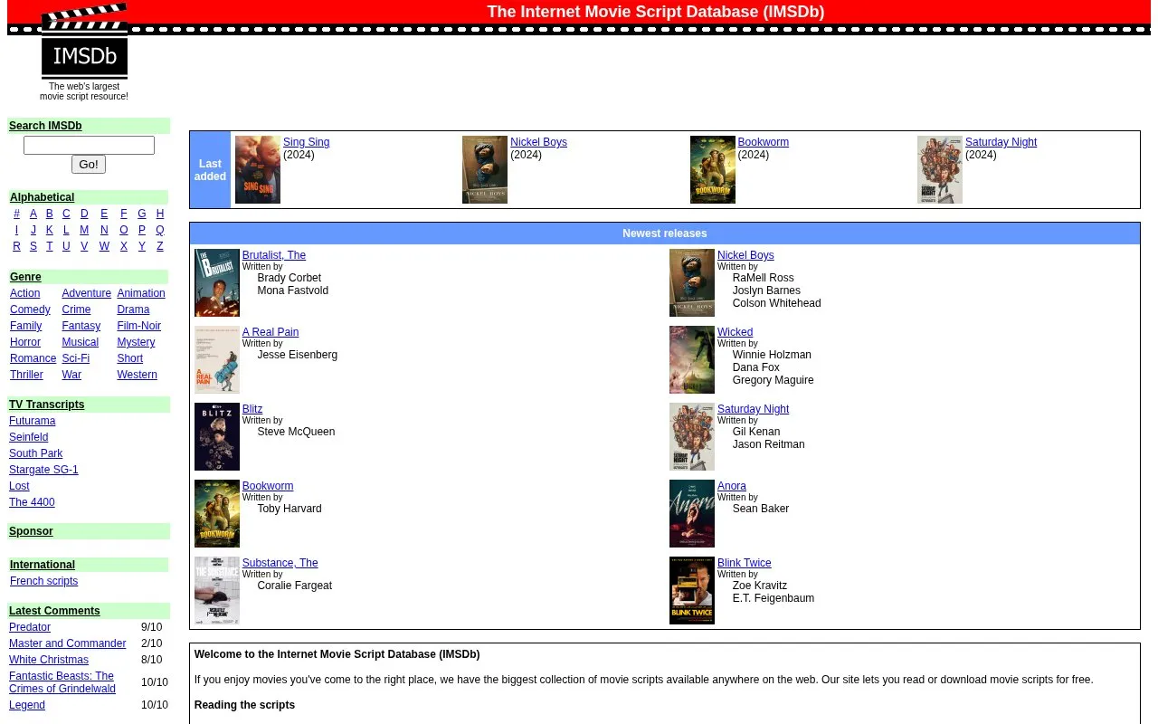 IMSDB homepage screenshot