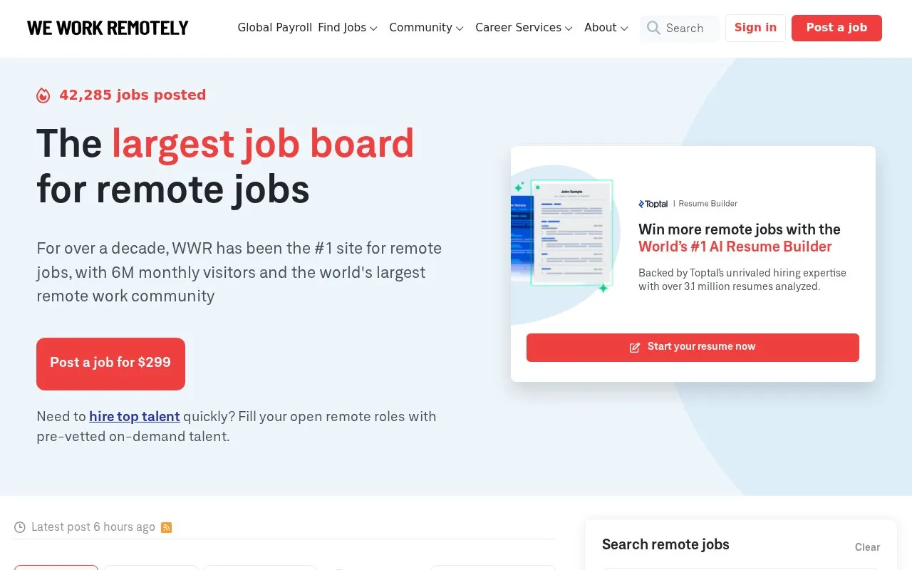 We Work Remotely homepage screenshot