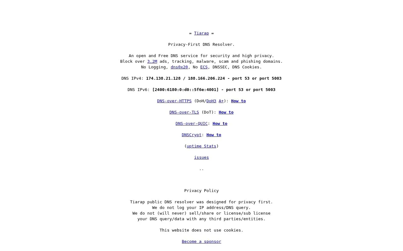 Tiarap homepage screenshot