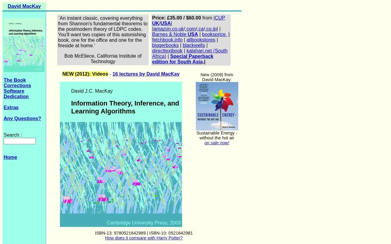 Information Theory, Inference, and Learning Algorithms by David J.C. MacKay homepage screenshot
