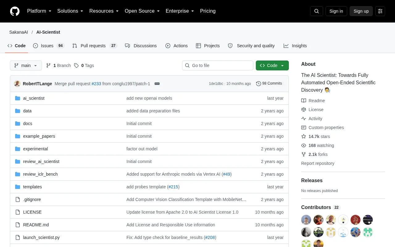 AI Scientist homepage screenshot