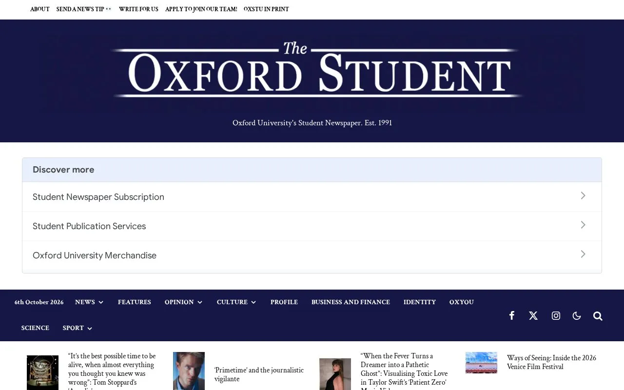 The Oxford Student homepage screenshot