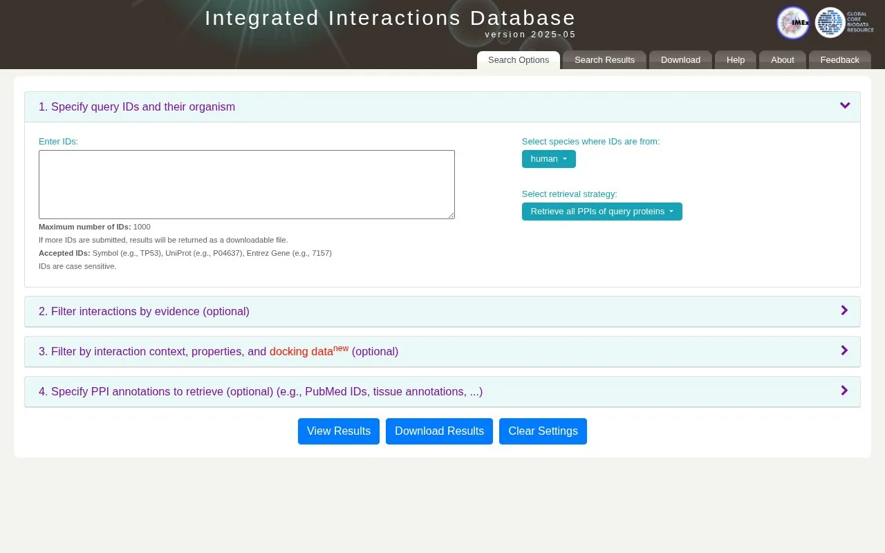 Integrated Interactions Database homepage screenshot