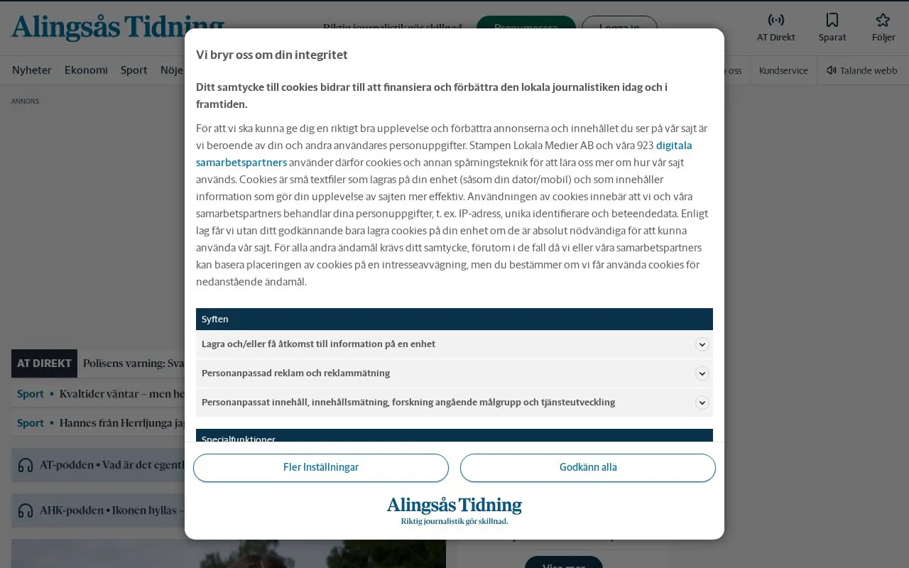Alingsås Tidning homepage screenshot