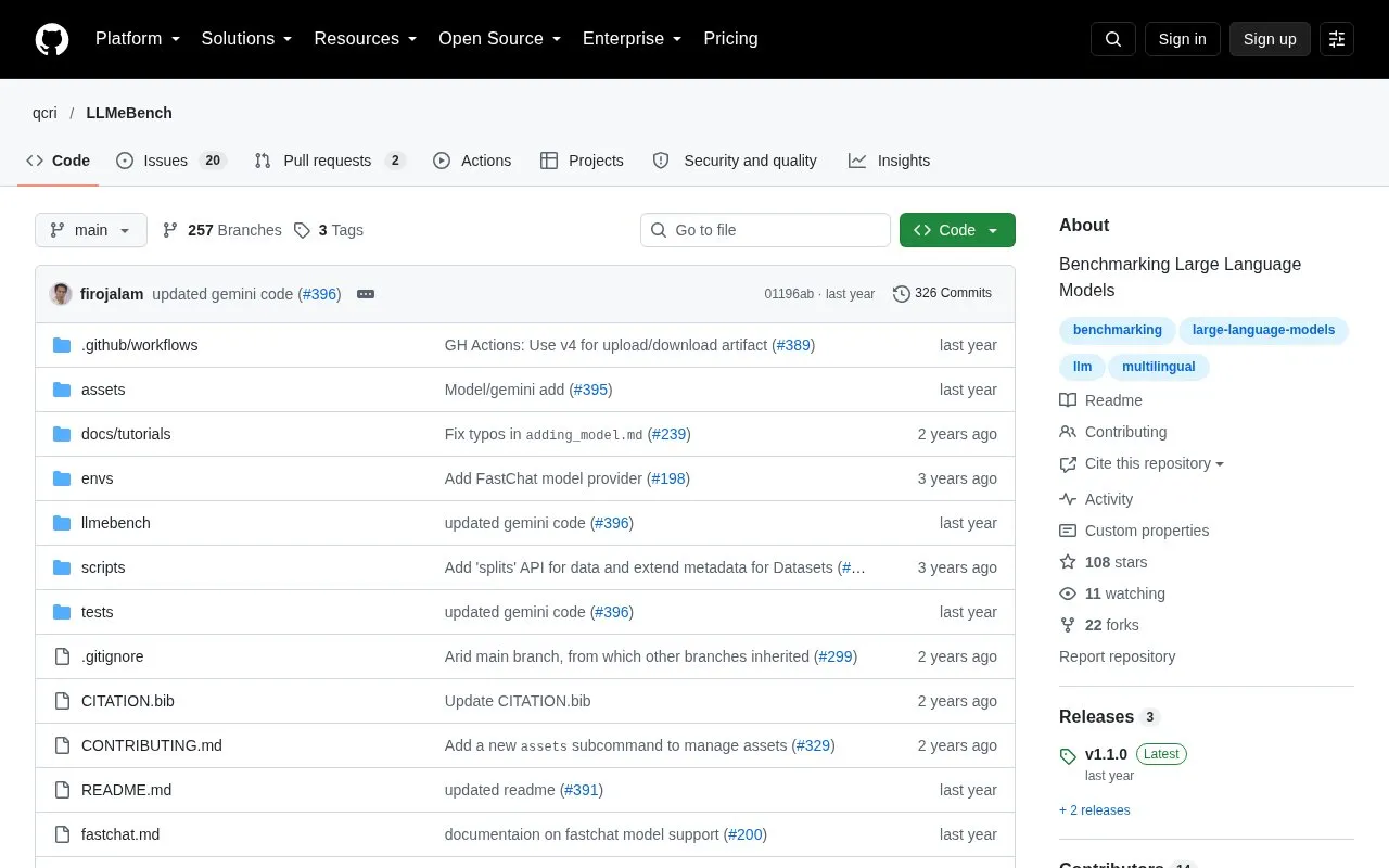 qcri/LLMeBench homepage screenshot