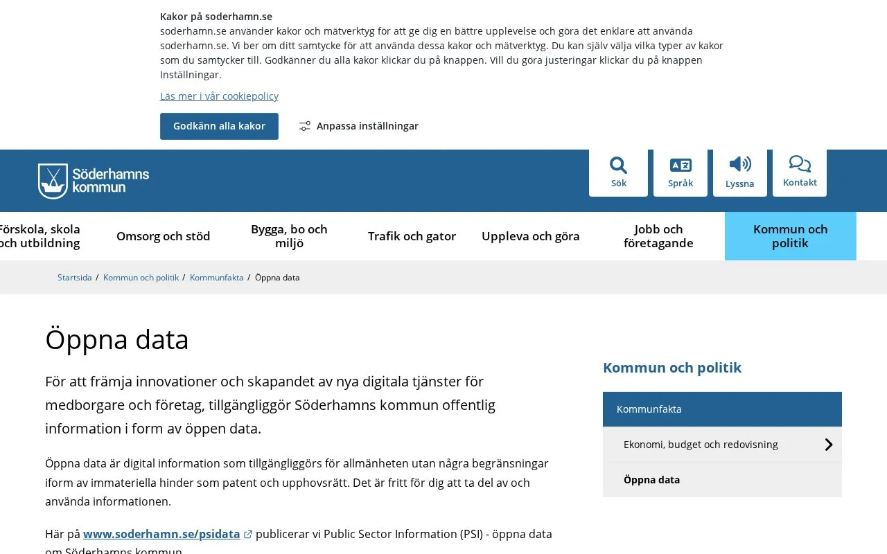 Söderhamn Municipality Open Data portal homepage screenshot