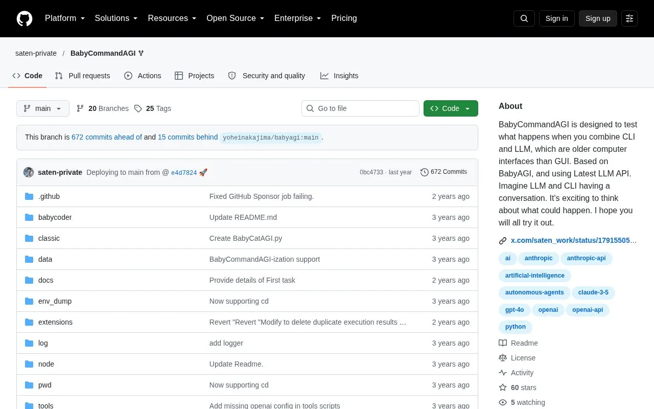 BabyCommandAGI homepage screenshot