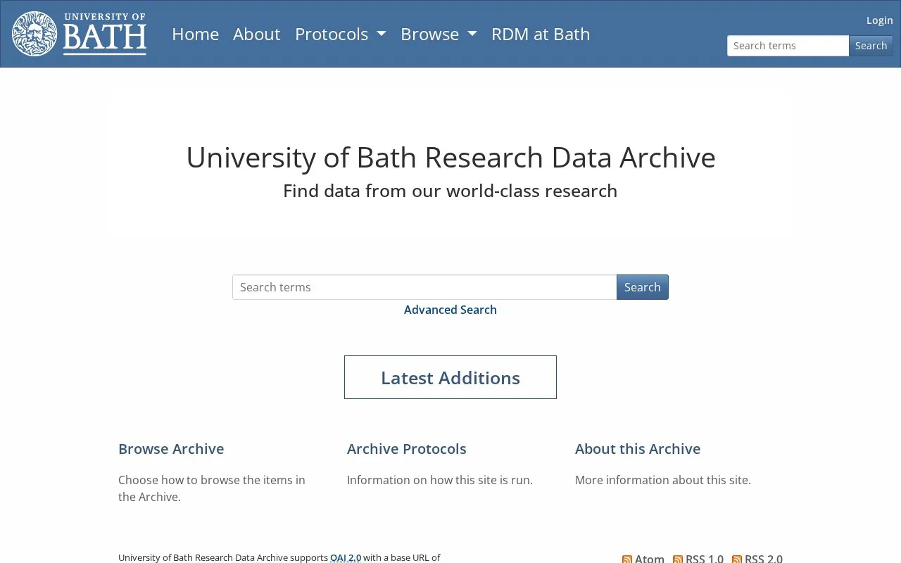 University of Bath Research Data Archive homepage screenshot