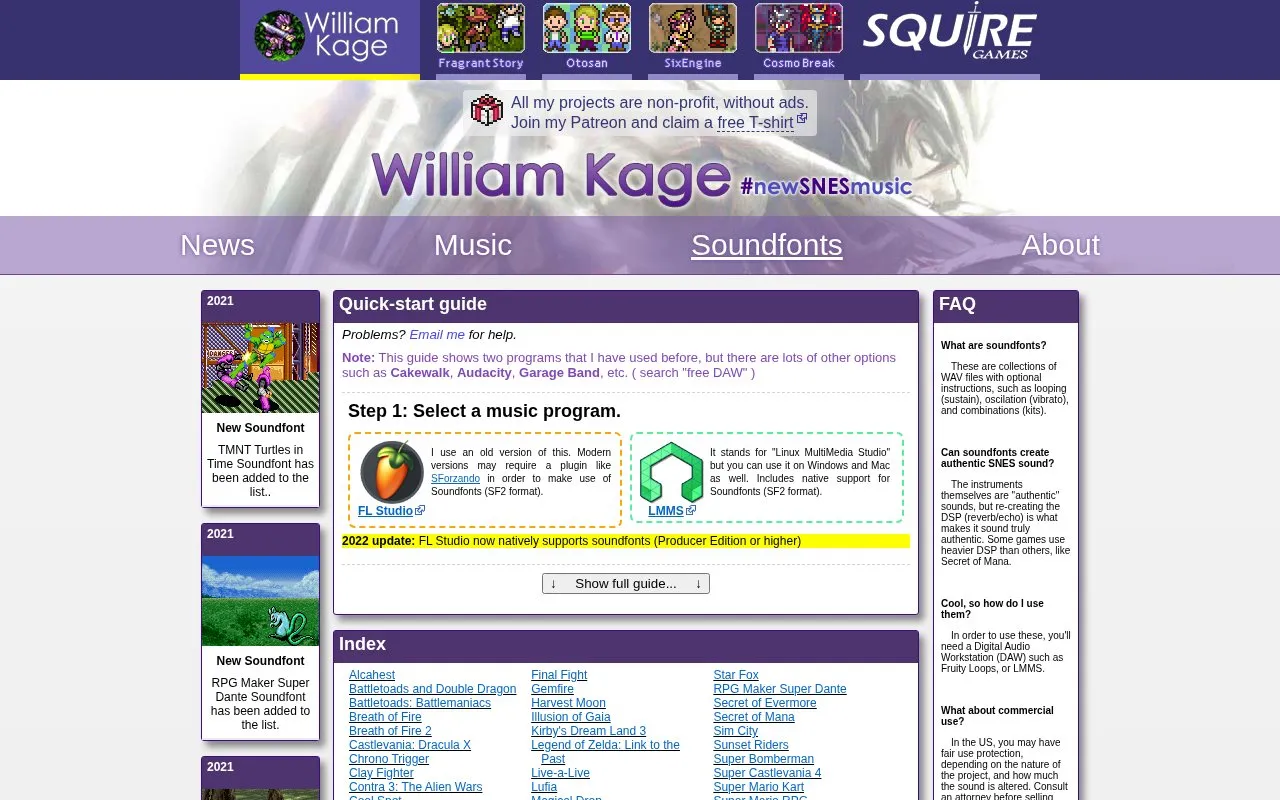 SNES Soundfonts homepage screenshot