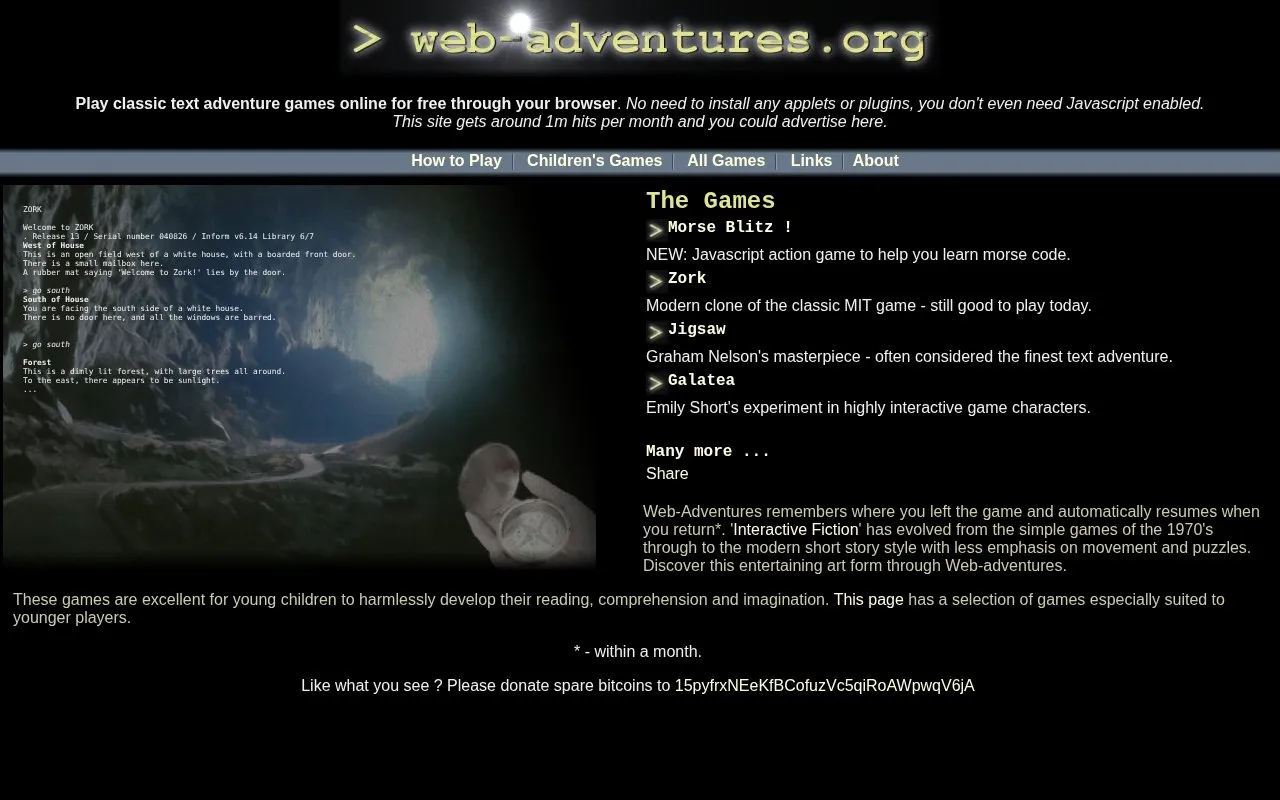 Web Adventures homepage screenshot