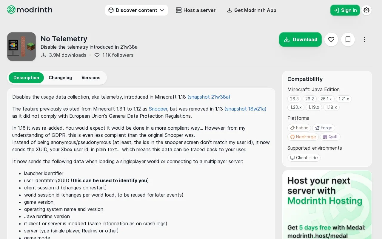 No Telemetry homepage screenshot