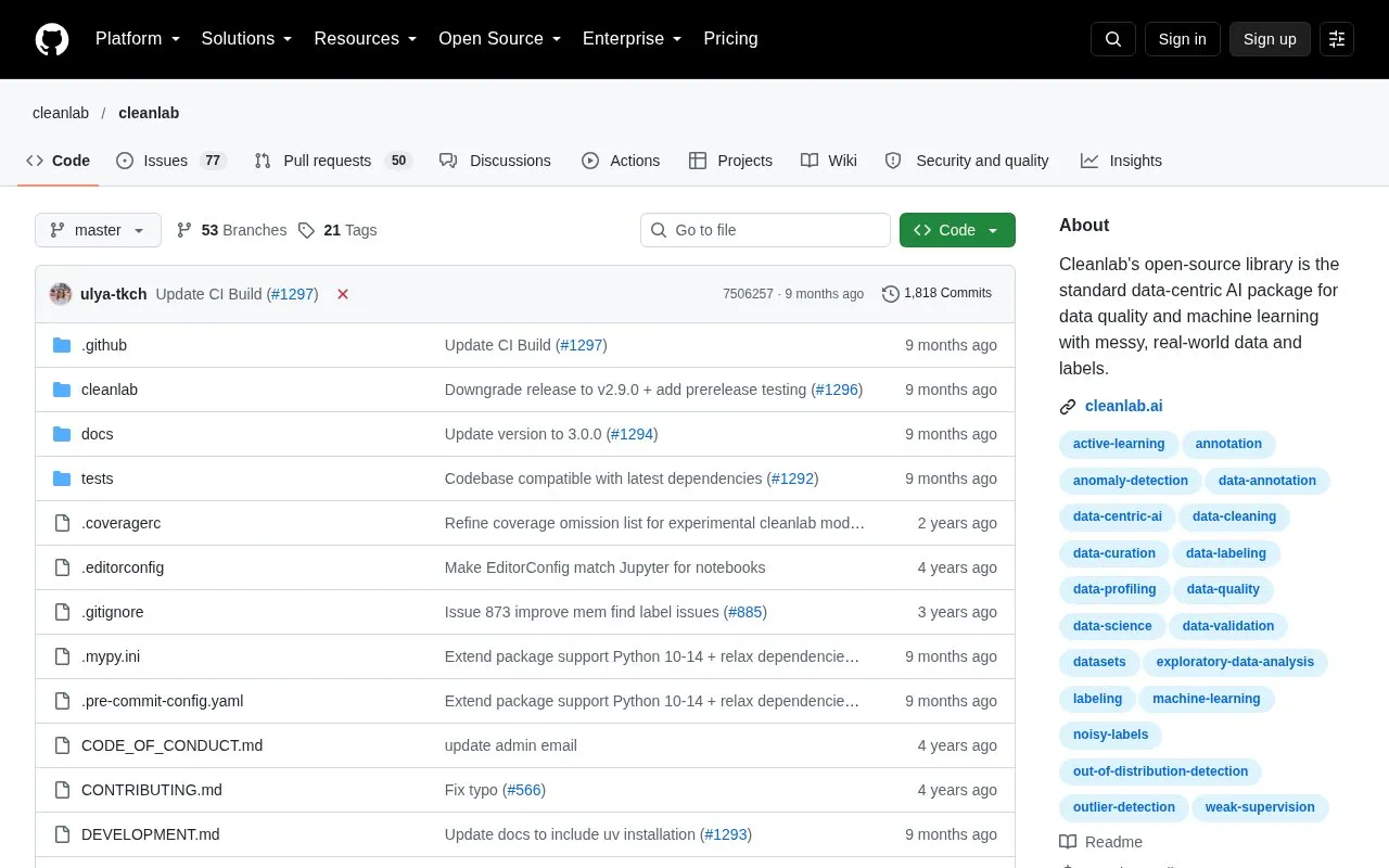 Cleanlab homepage screenshot