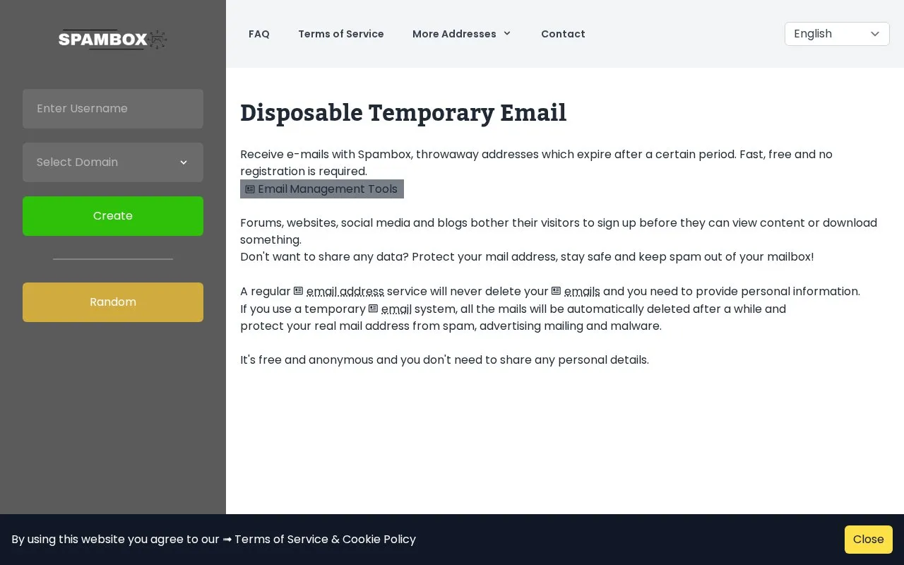 Spambox homepage screenshot