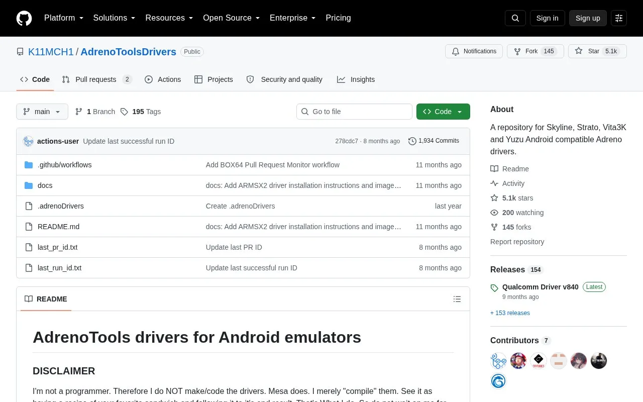 AdrenoToolsDrivers homepage screenshot