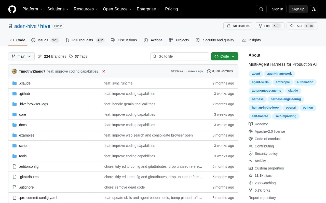 Hive homepage screenshot