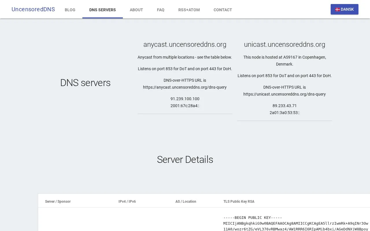 UncensoredDNS homepage screenshot