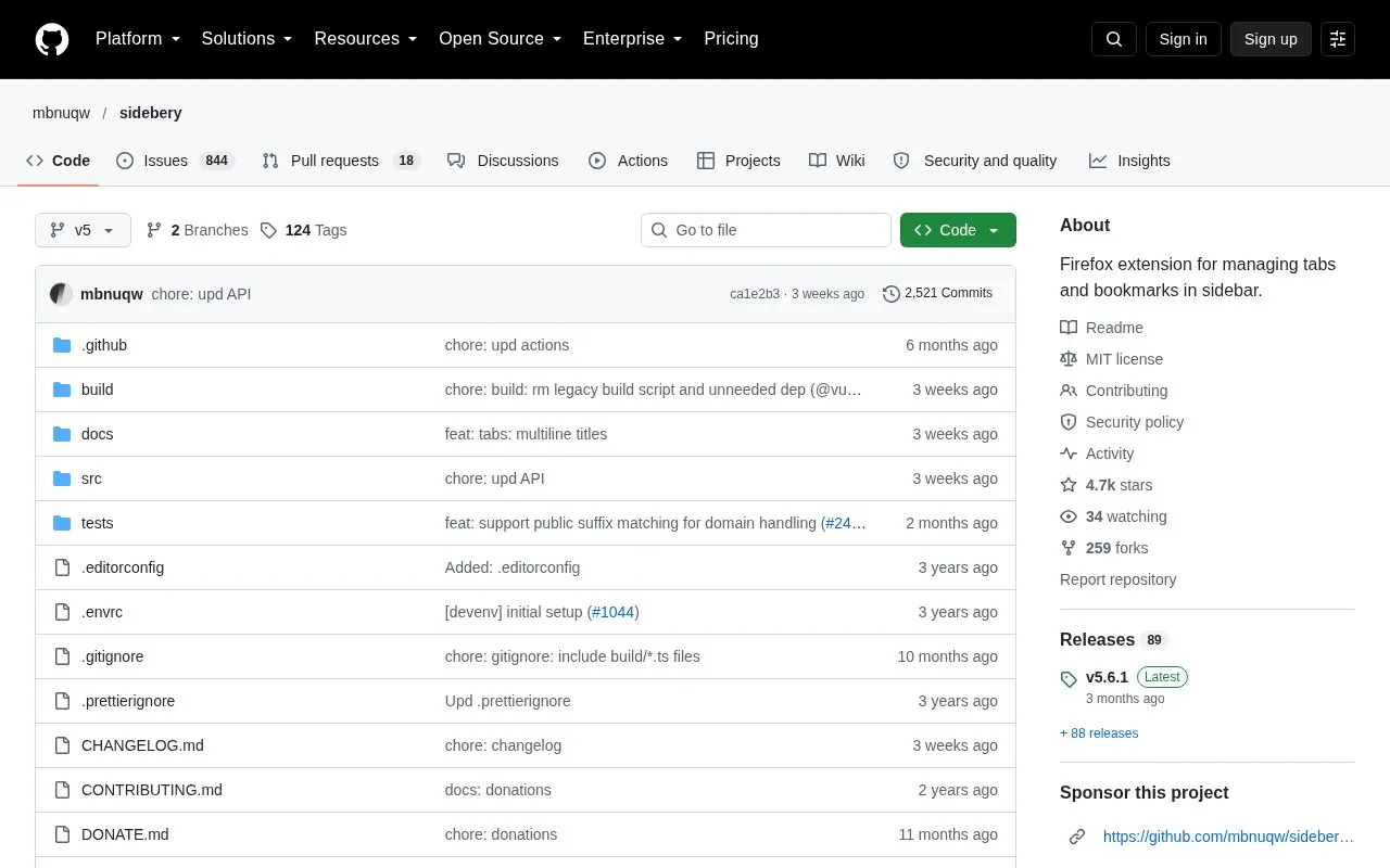 Sidebery homepage screenshot