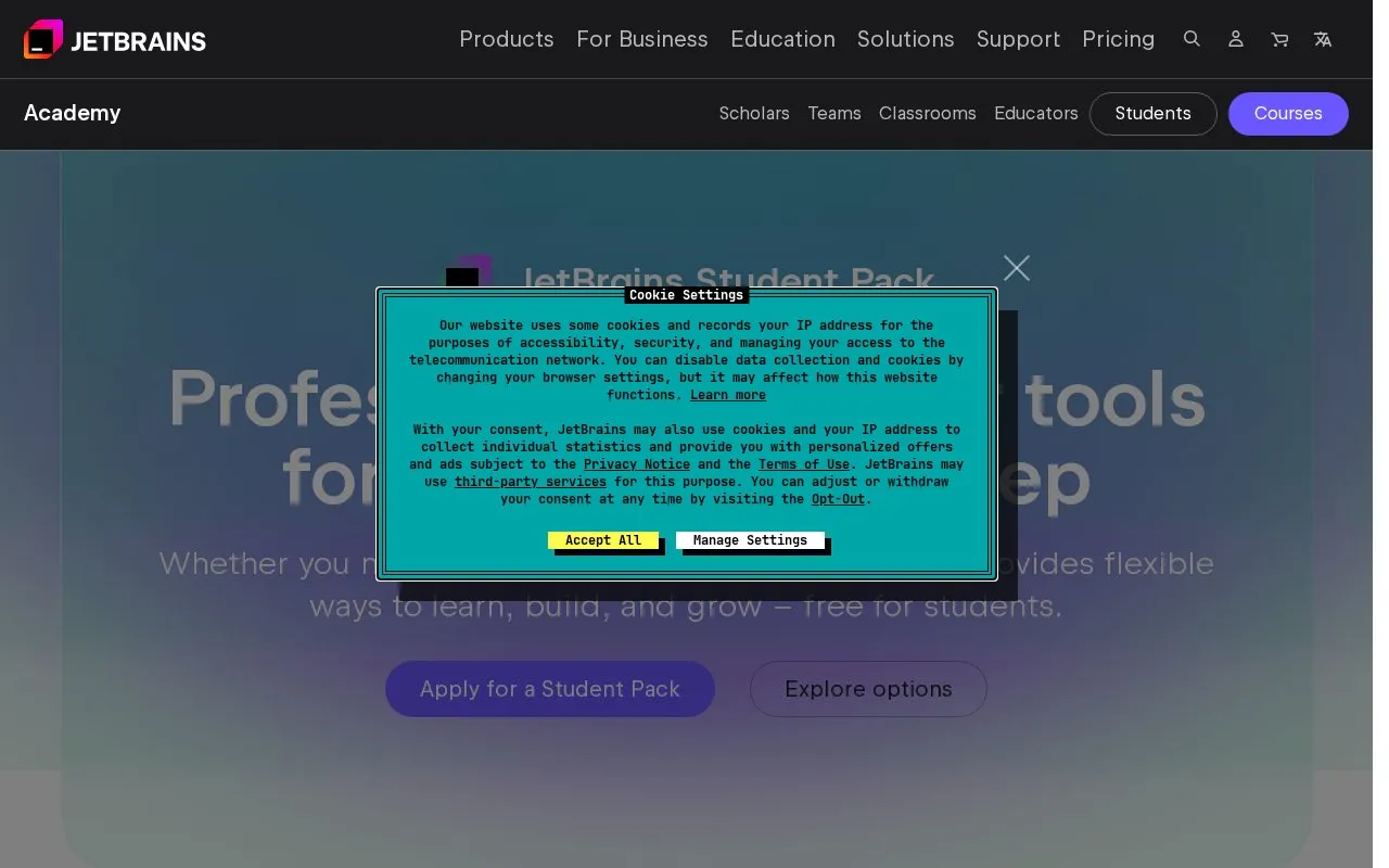 JetBrains Student Pack homepage screenshot