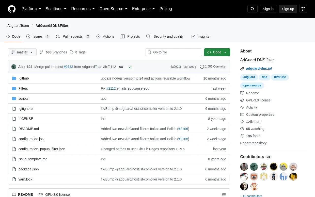 Adguard Sdnsfilter homepage screenshot