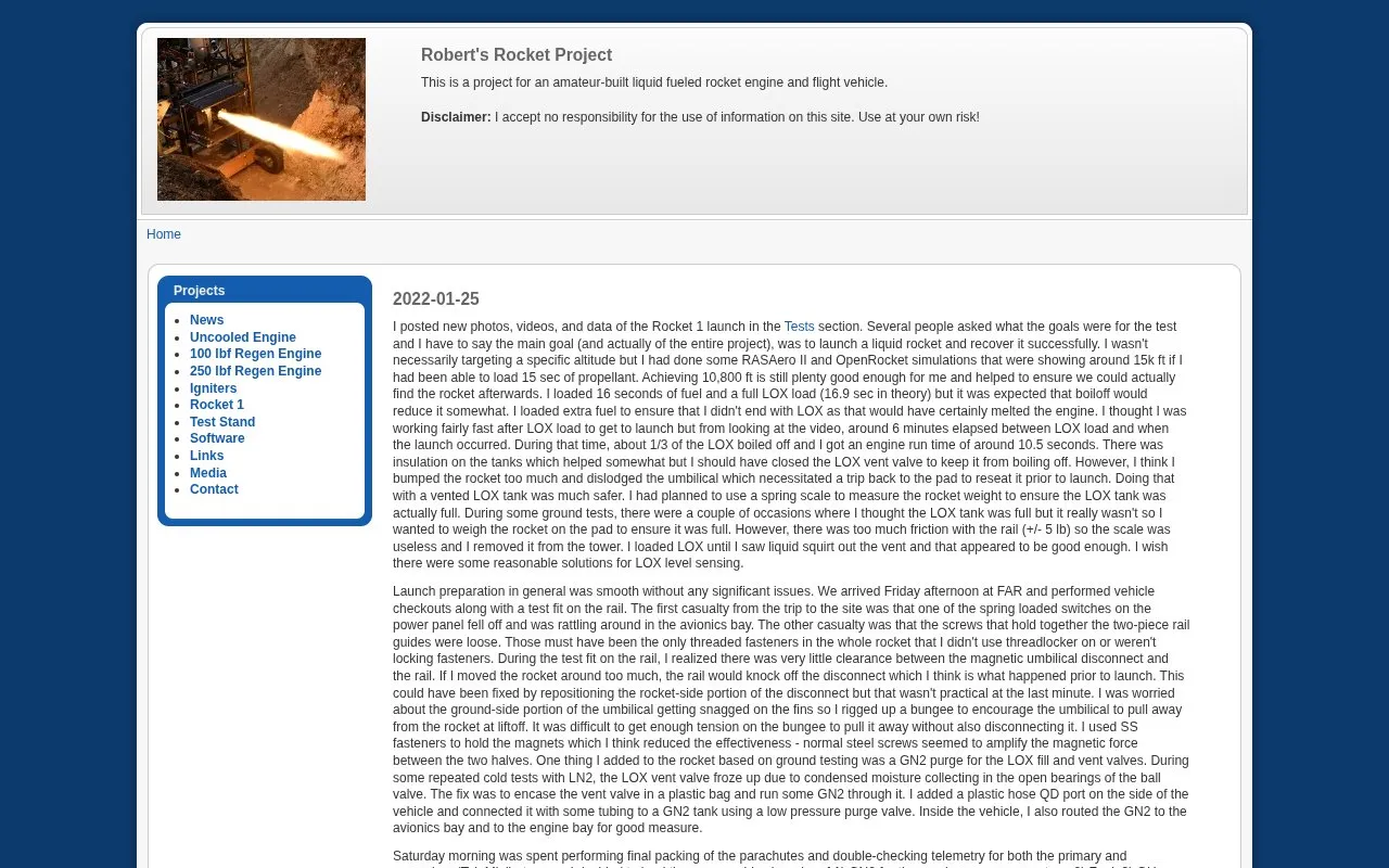 Robert’s Rocket Project homepage screenshot