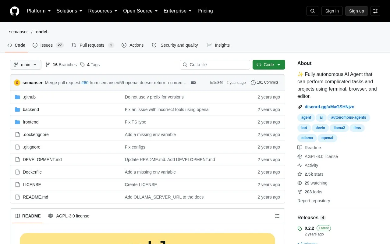 Codel homepage screenshot