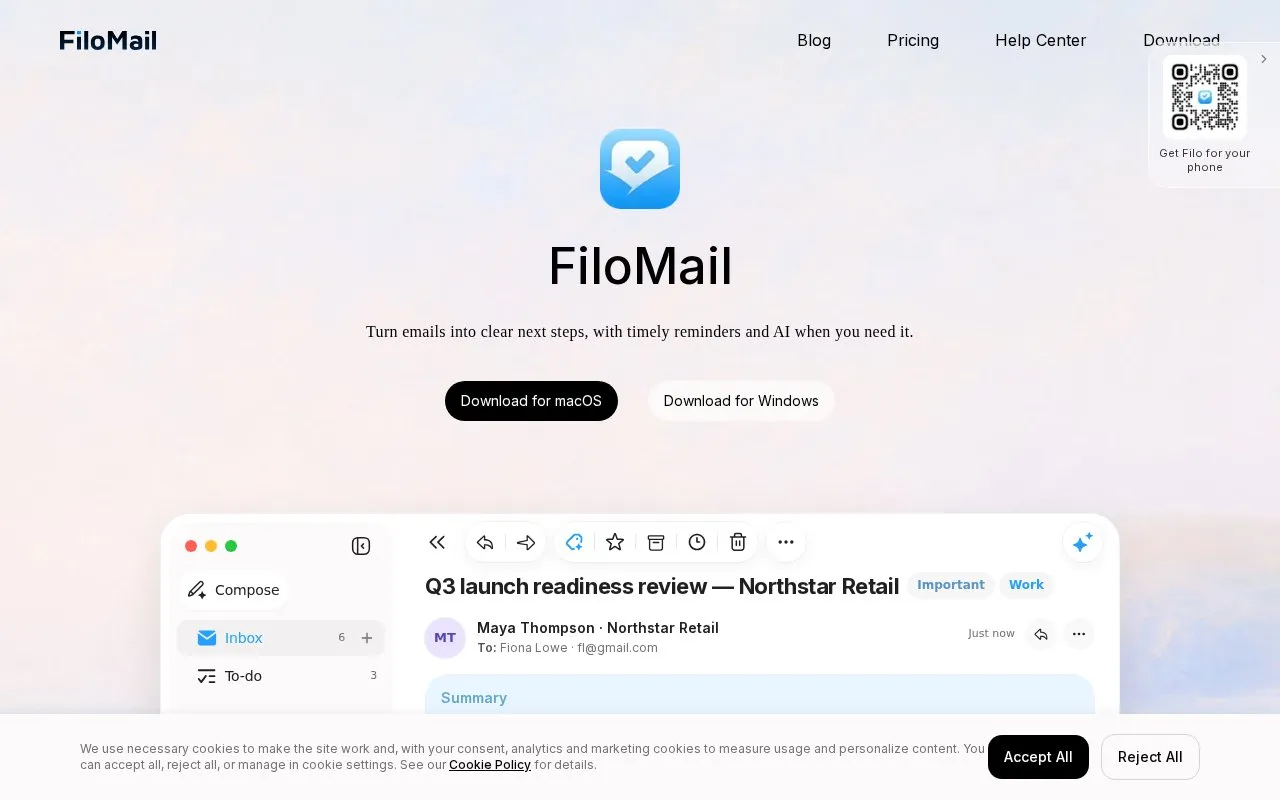 FiloMail homepage screenshot