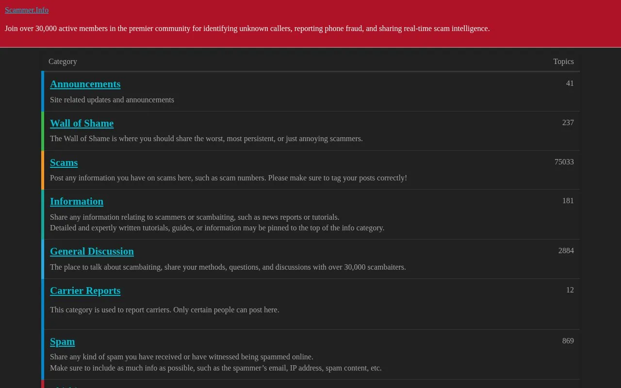 Scammer.Info homepage screenshot