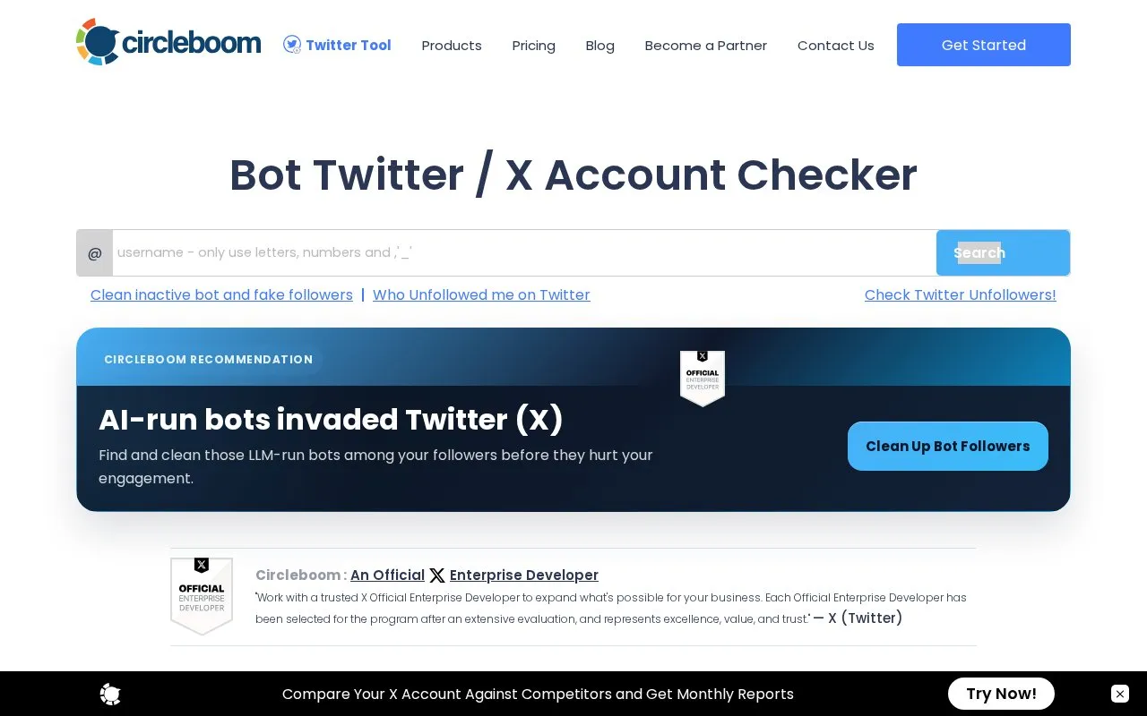 Twitter Bot Checker homepage screenshot