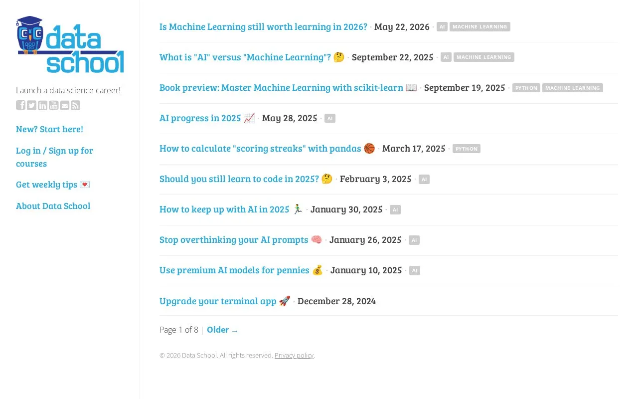 Data School homepage screenshot