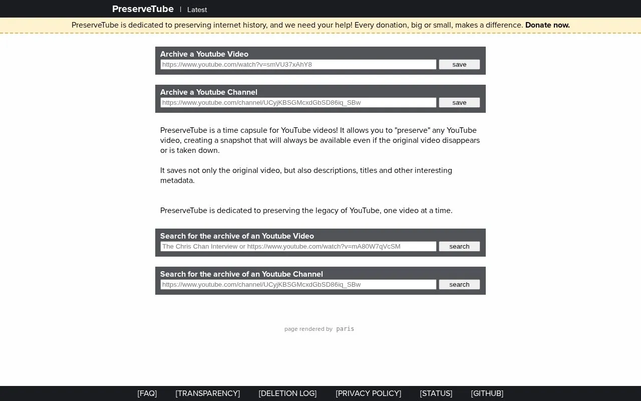 PreserveTube homepage screenshot