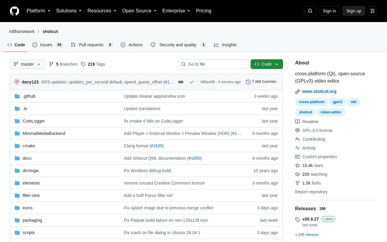 Shotcut homepage screenshot