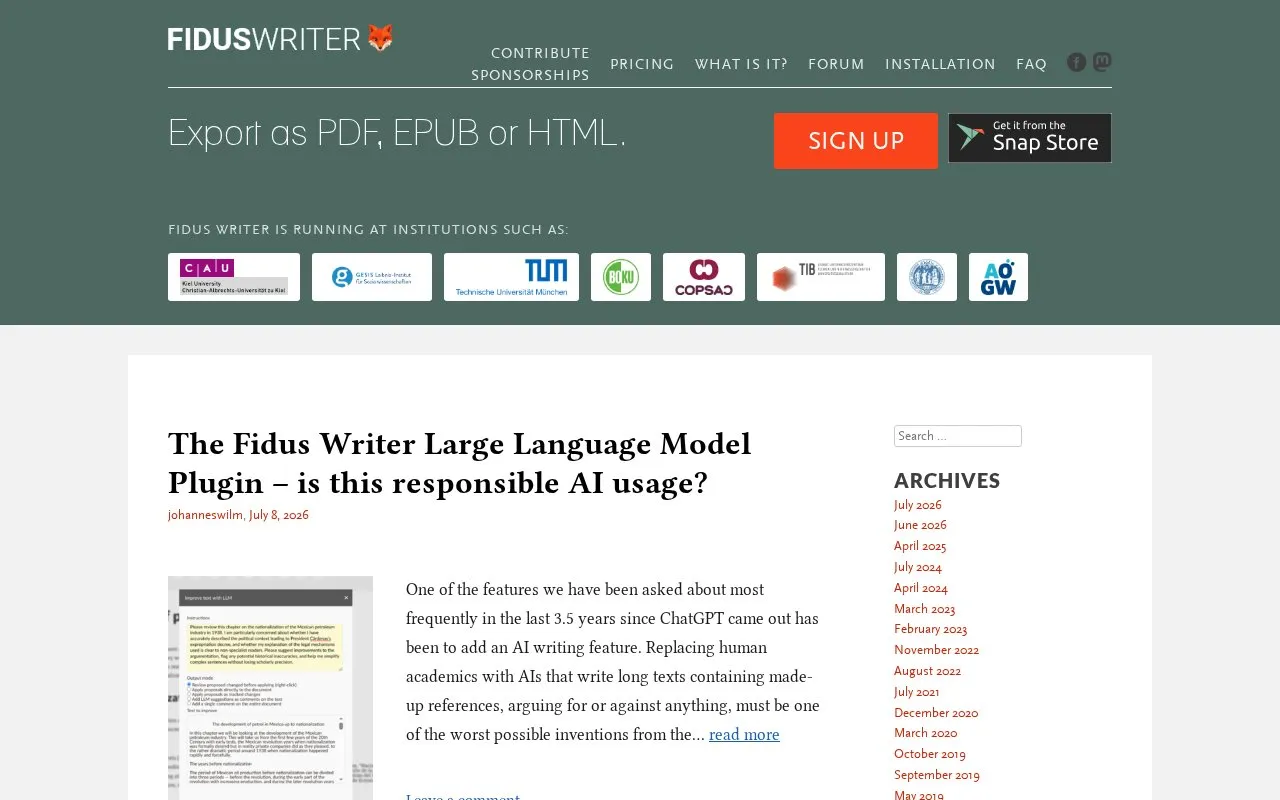 FidusWriter homepage screenshot