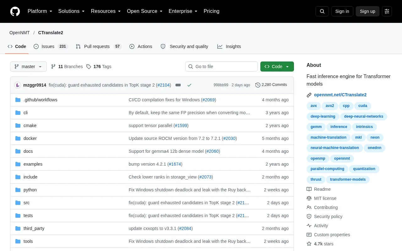 CTranslate2 homepage screenshot