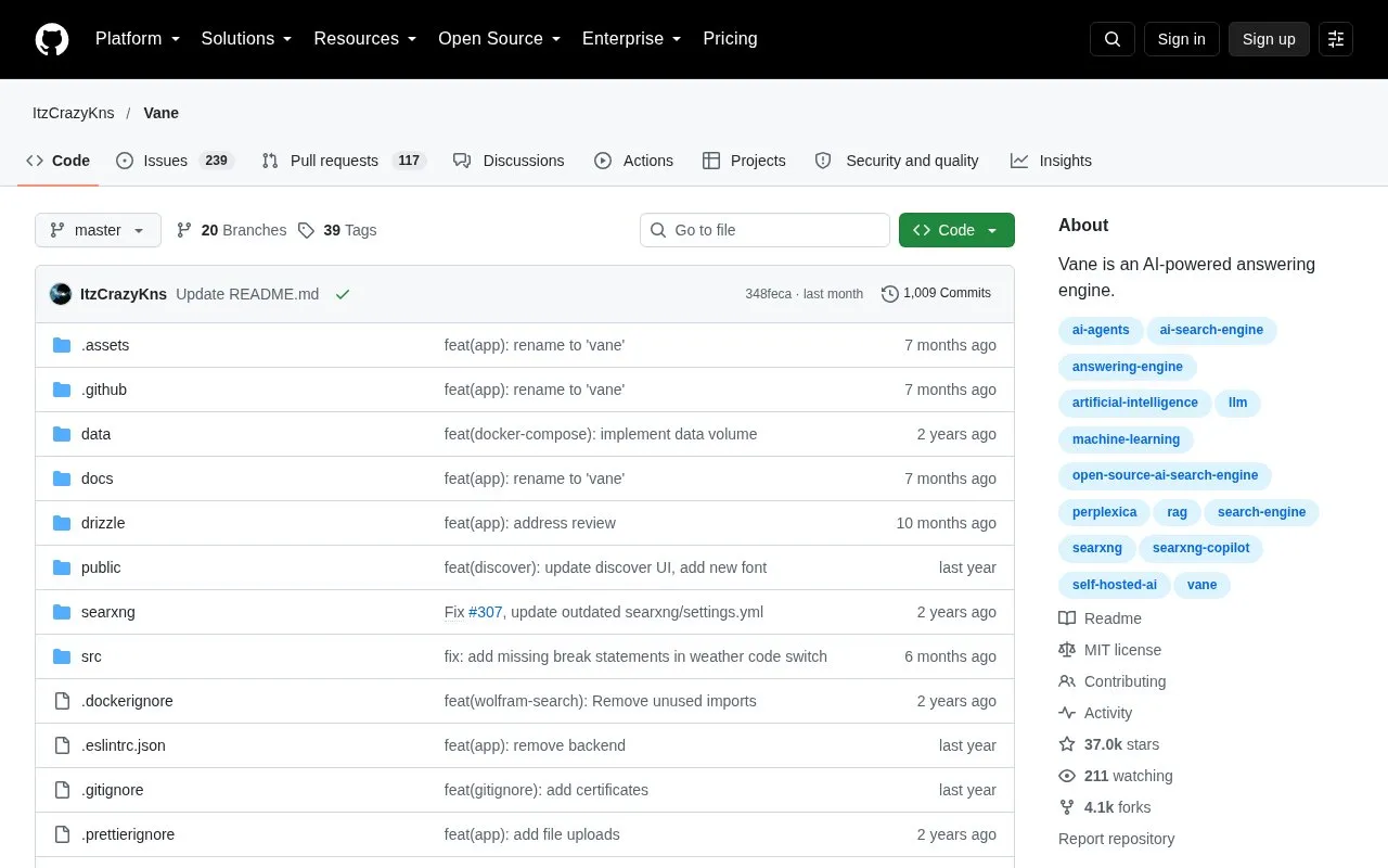 Vane homepage screenshot