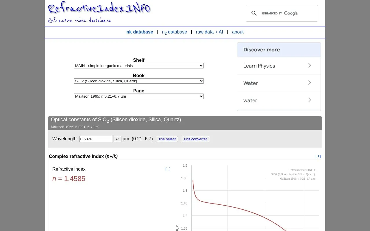RefractiveIndex.INFO homepage screenshot