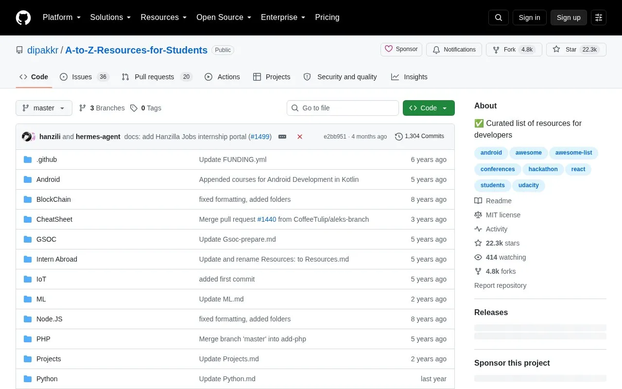 A-to-Z-Resources-for-Students homepage screenshot