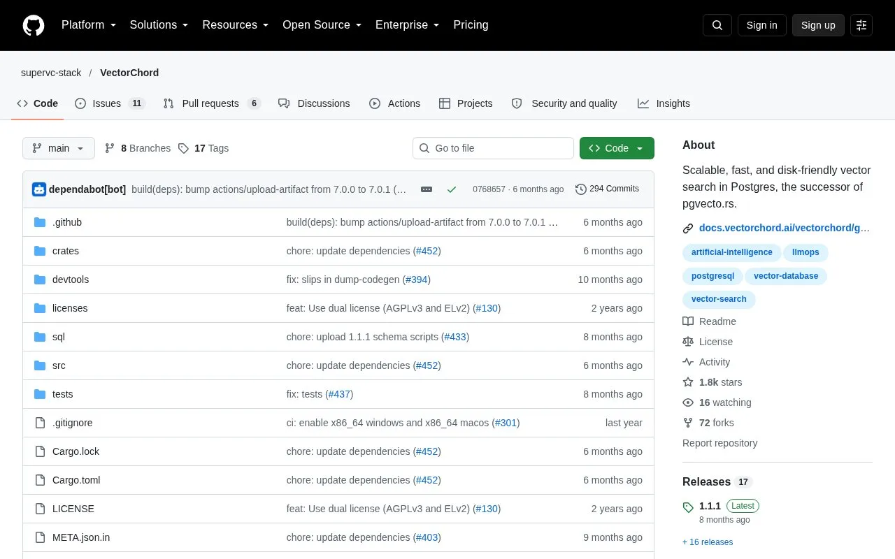 VectorChord homepage screenshot