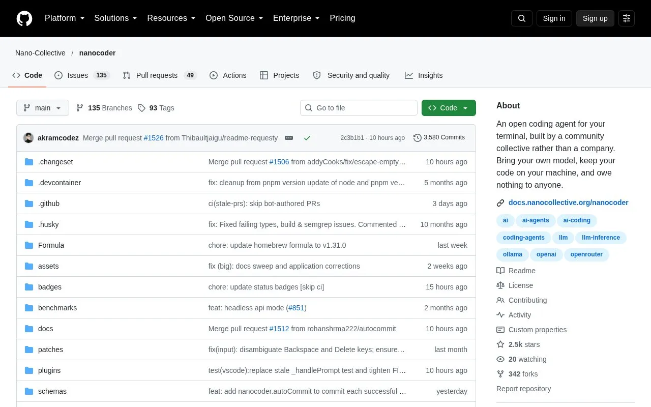 Nanocoder homepage screenshot
