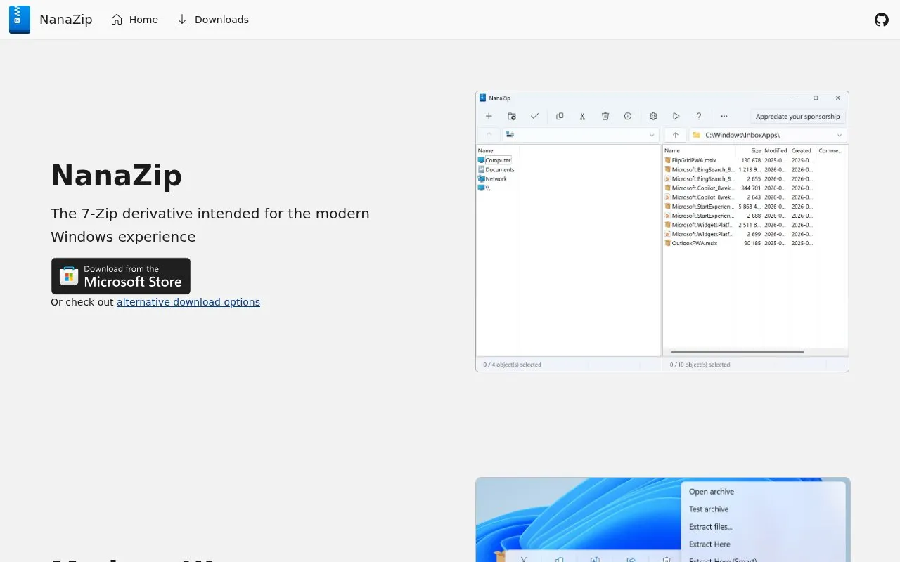 NanaZip homepage screenshot