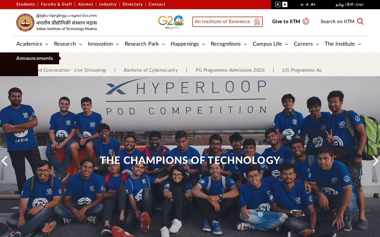 Indian Institute of Technology, Madras homepage screenshot