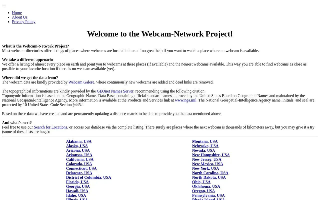 The Webcam Network homepage screenshot